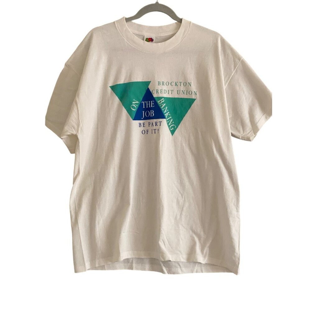VTG Fruit of the Loom White Tee Tshirt Brockton Credit Union On the Job Bank XL